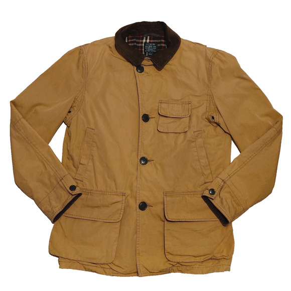 J Crew Mens Barn Jacket Size S Tan Canvas Flannel Lined Brown Cord Collar Chore - Picture 1 of 14